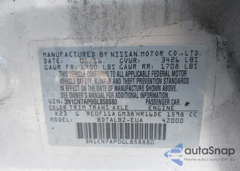 2016 Nissan Versa 1.6 S/1.6 S+/1.6 Sl/1.6 Sv из США, поврежденный, VIN 3N1CN7AP0GL858880